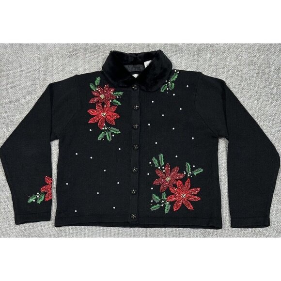 Vtg Victoria Jones Petite Christmas Sweater Womens Large Black Cardigan Faux Fur - Picture 1 of 15